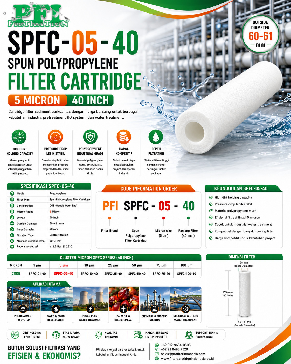 SPFC-05-40 Spun Polypropylene Filter Cartridge 5 Micron 40 Inch